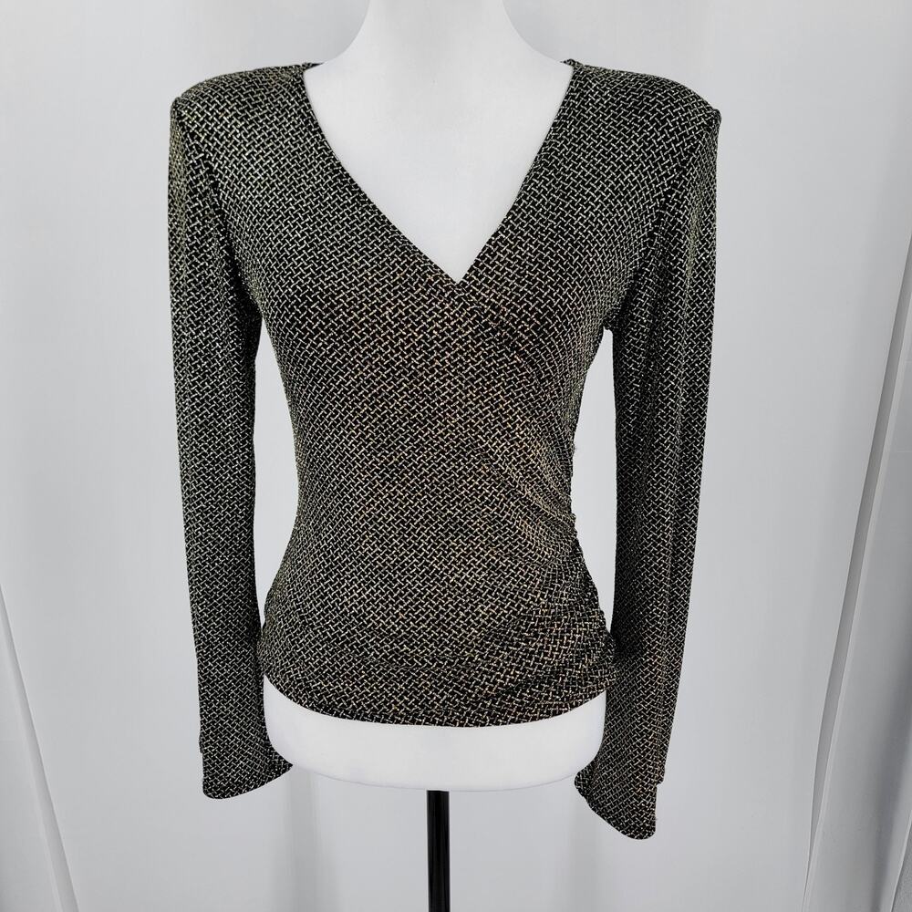 JBS Blouse Women's Medium Faux Wrap Ruched V Neck Shoulder Pads Glitter Vintage